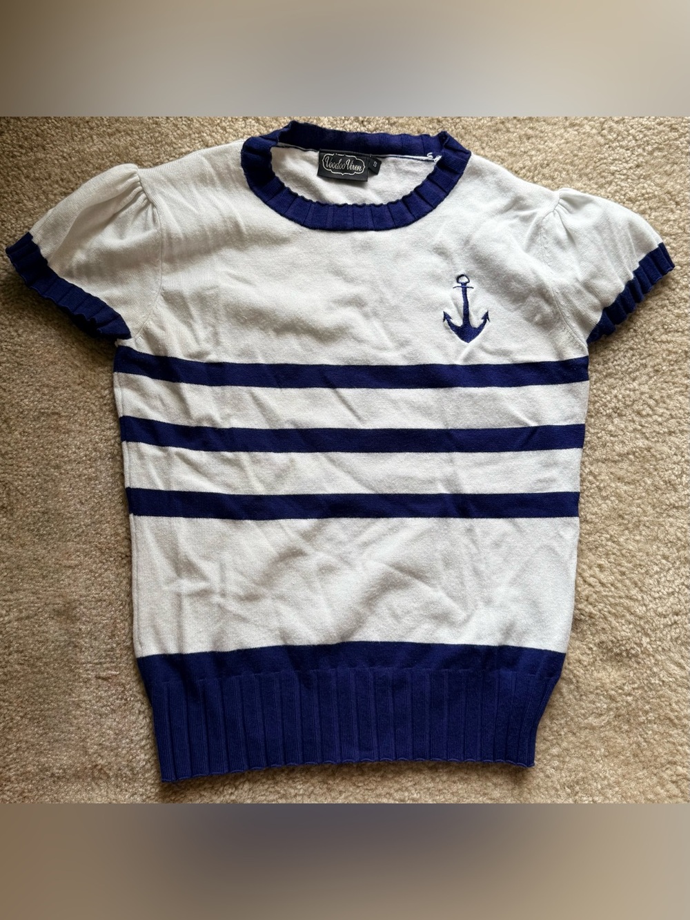 Voodoo Vixen Nautical Stripe Knit Top with Anchor Detail - White & Navy